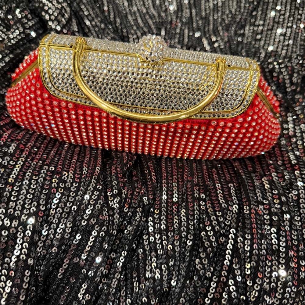 Crystal-Embellished Red and Gold Evening Clutch